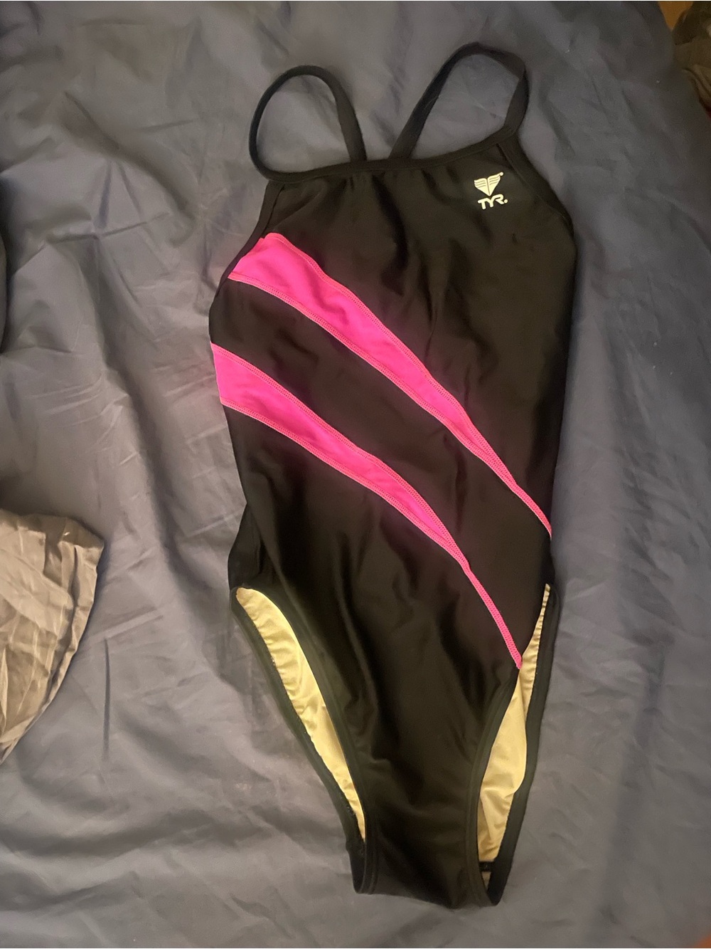 TYR Black One-Piece Swimsuit with Pink Diagonal Stripes